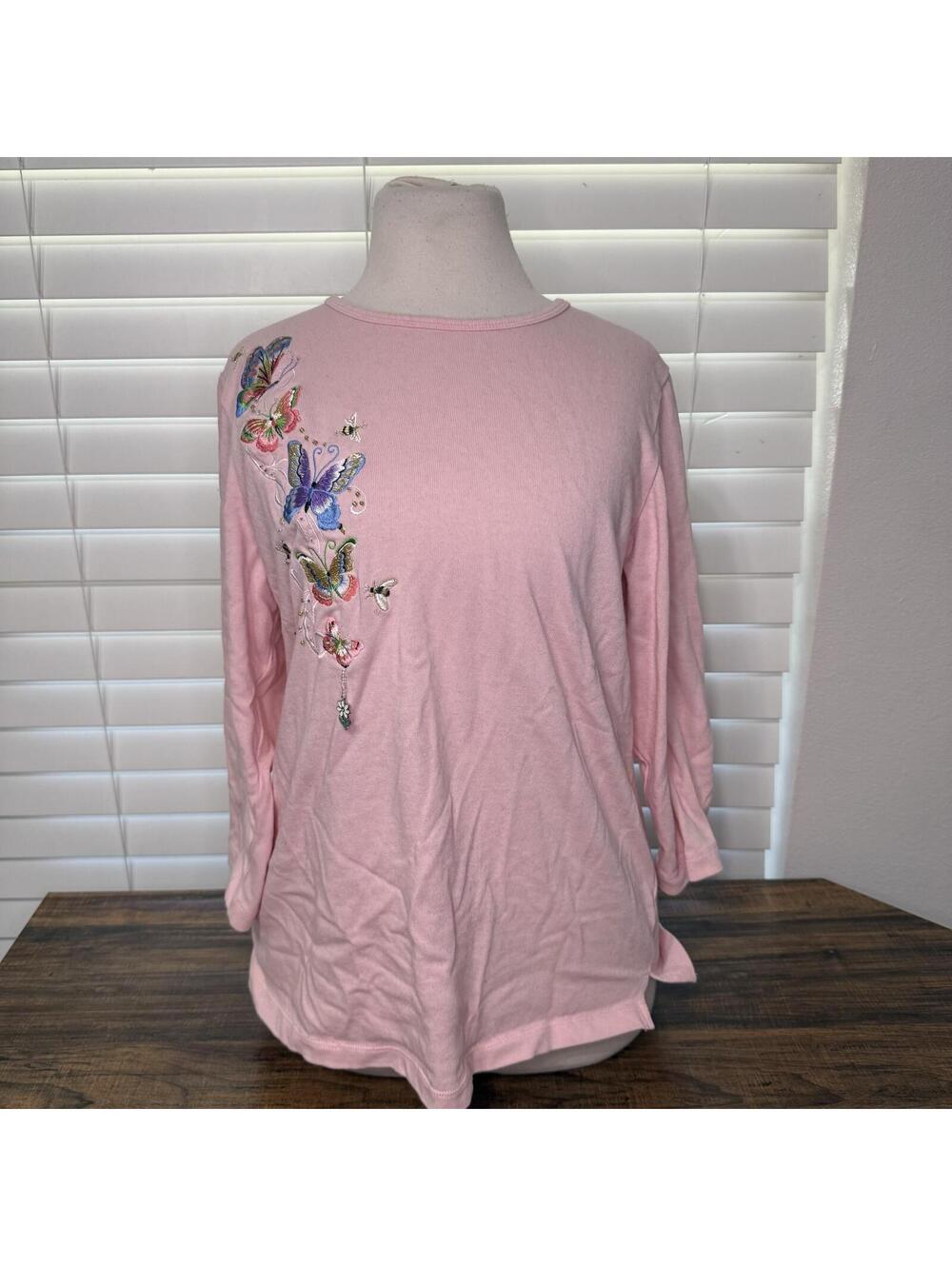 Quaker Factory By Jeanne Bice Pink Top with Butterfly Embroidery Size M